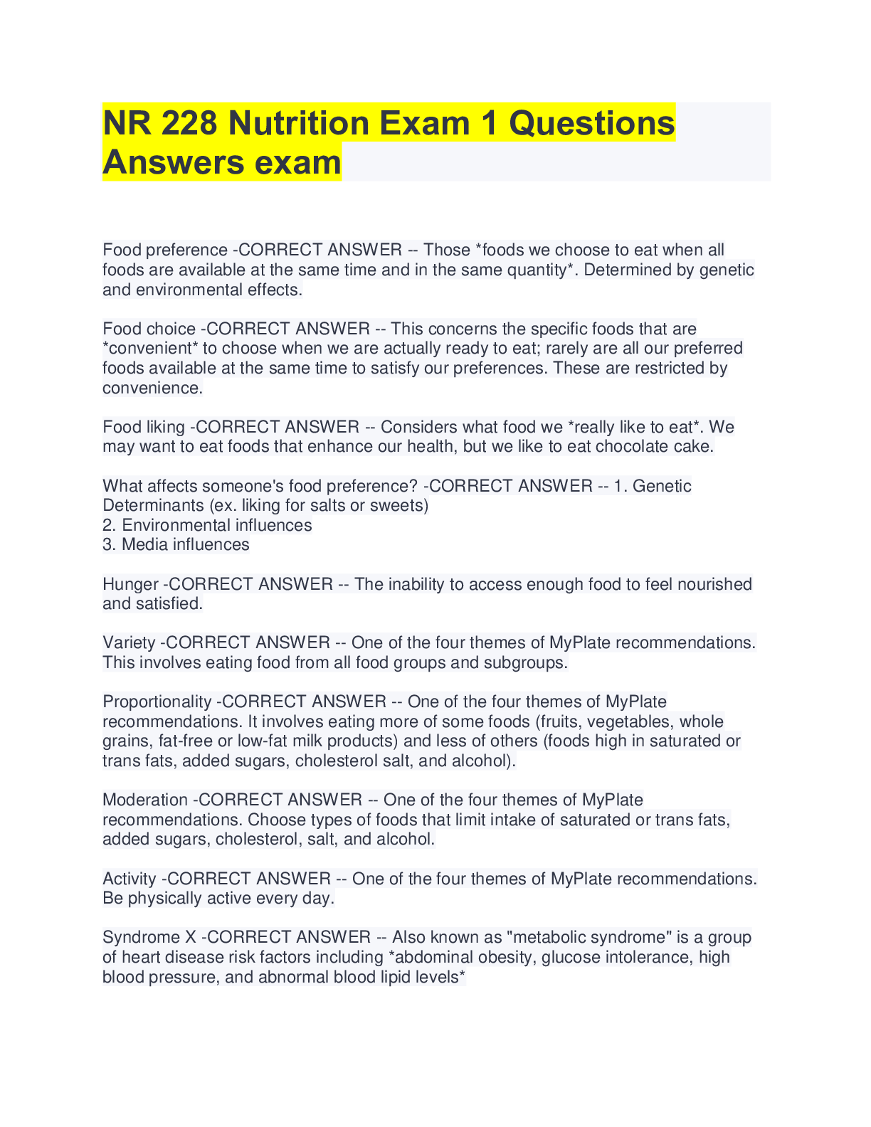 Preview image for NR 228 Nutrition Exam 1 Questions Answers exam